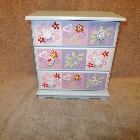 Heavy WOOD Organizer JEWELRY BOX Accessories Storage LADYBUG Floral 70s VTG - Picture 1 of 11